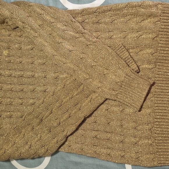 Lauren Ralph Lauren Boat Neck Gold Cable Knit Sweater Button Shoulder Accent - Picture 4 of 12